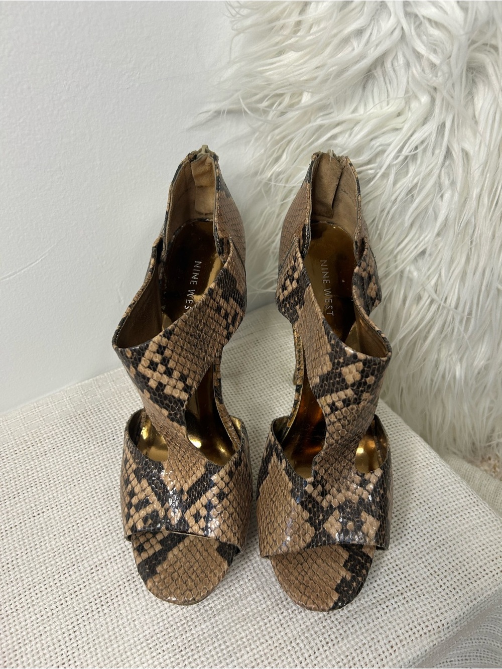 Nine West Brown Snake-Print Cutout Open-Toe Heels
